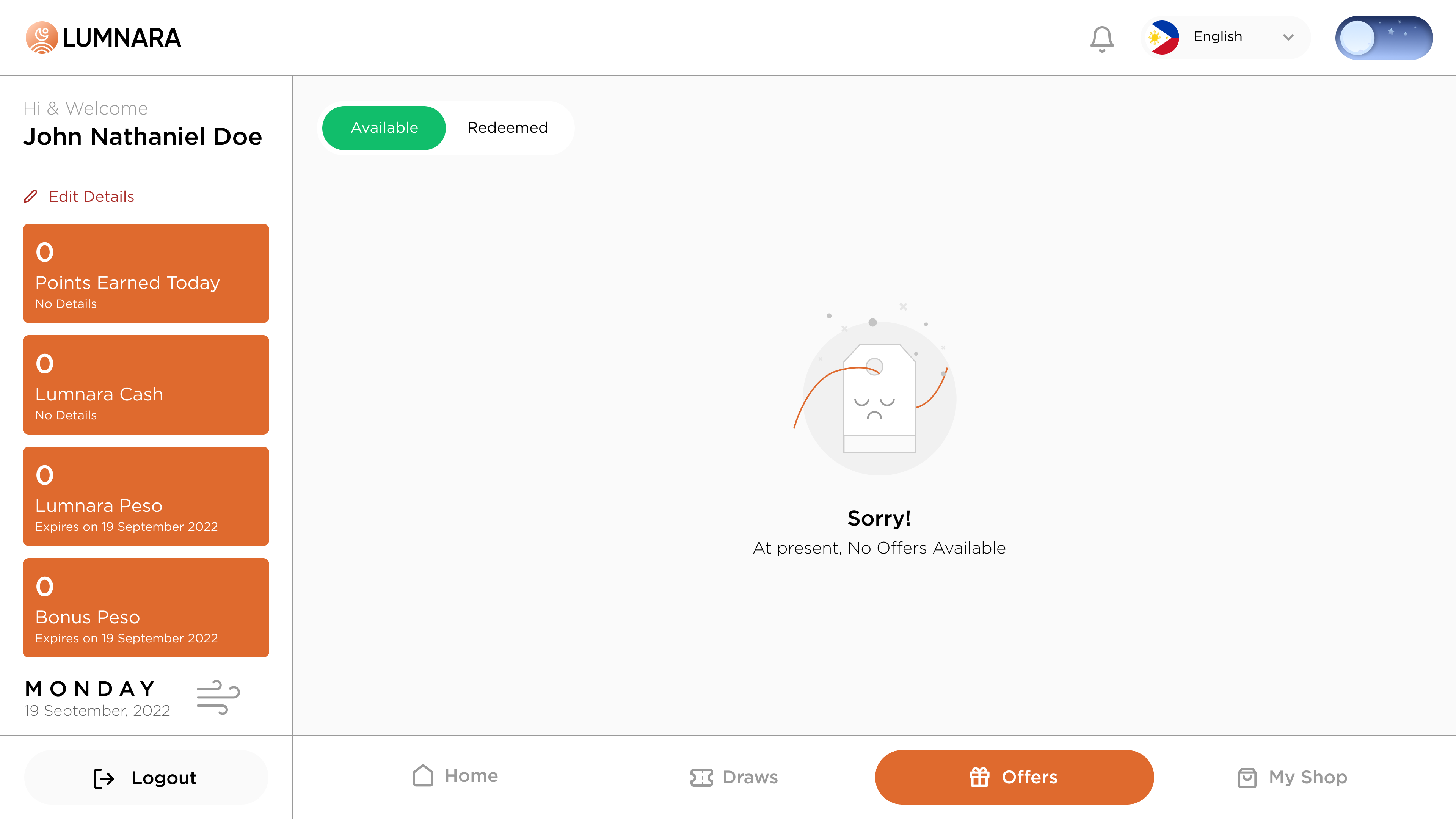 Kiosk Light Theme Solaire Offers Not Available Screen
