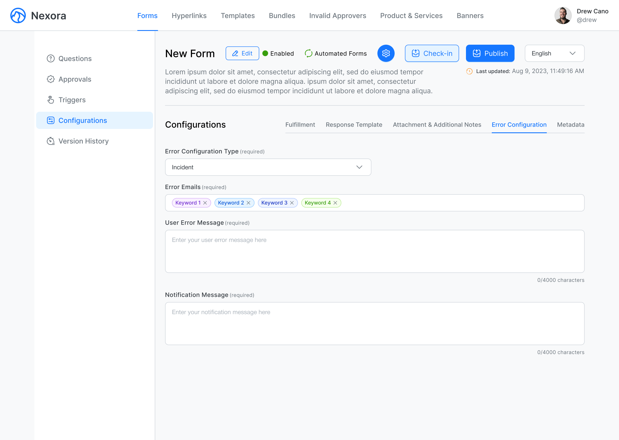 Nexora Forms Configurations - Error Configurations UI