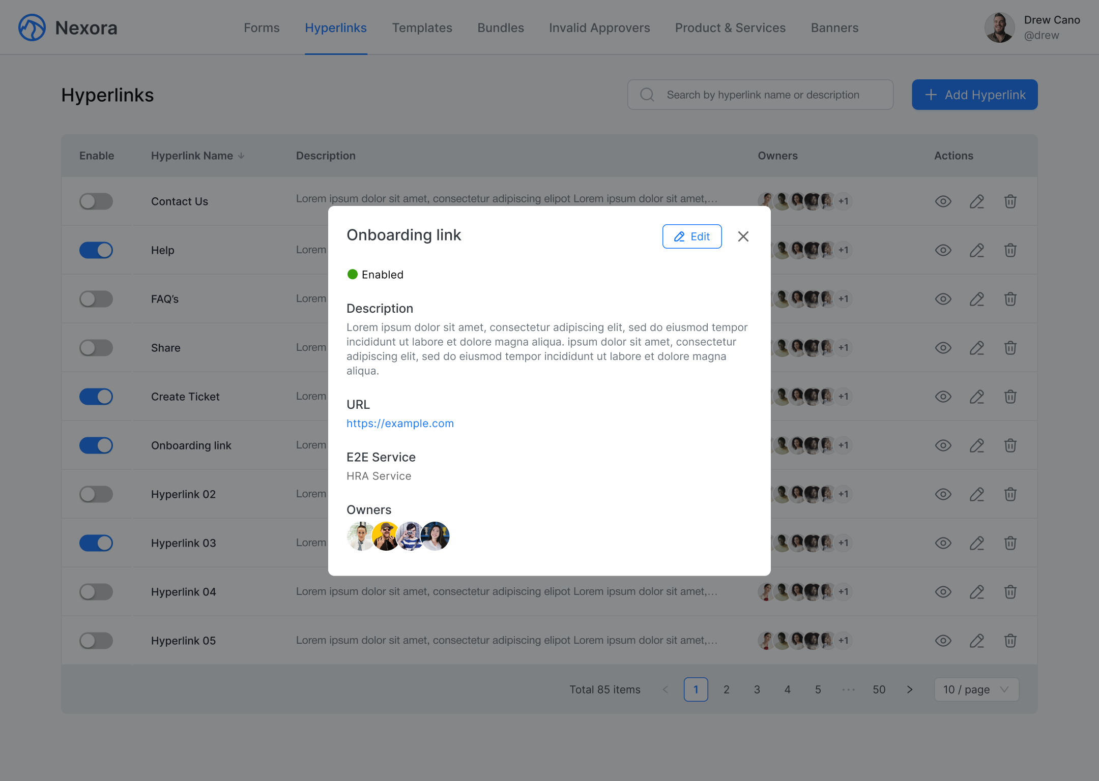 Nexora Hyperlinks View UI