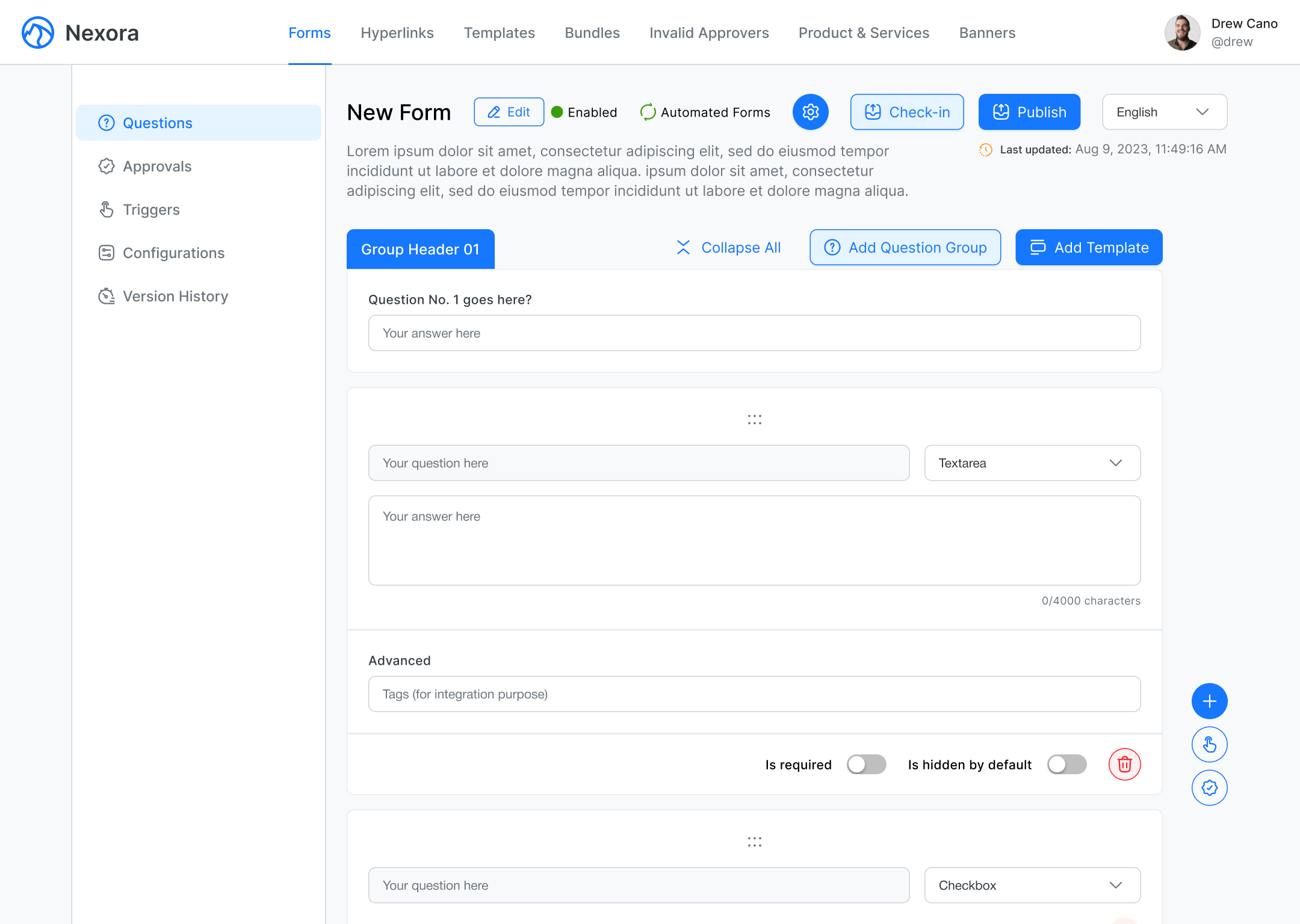 Nexora Forms Questions UI