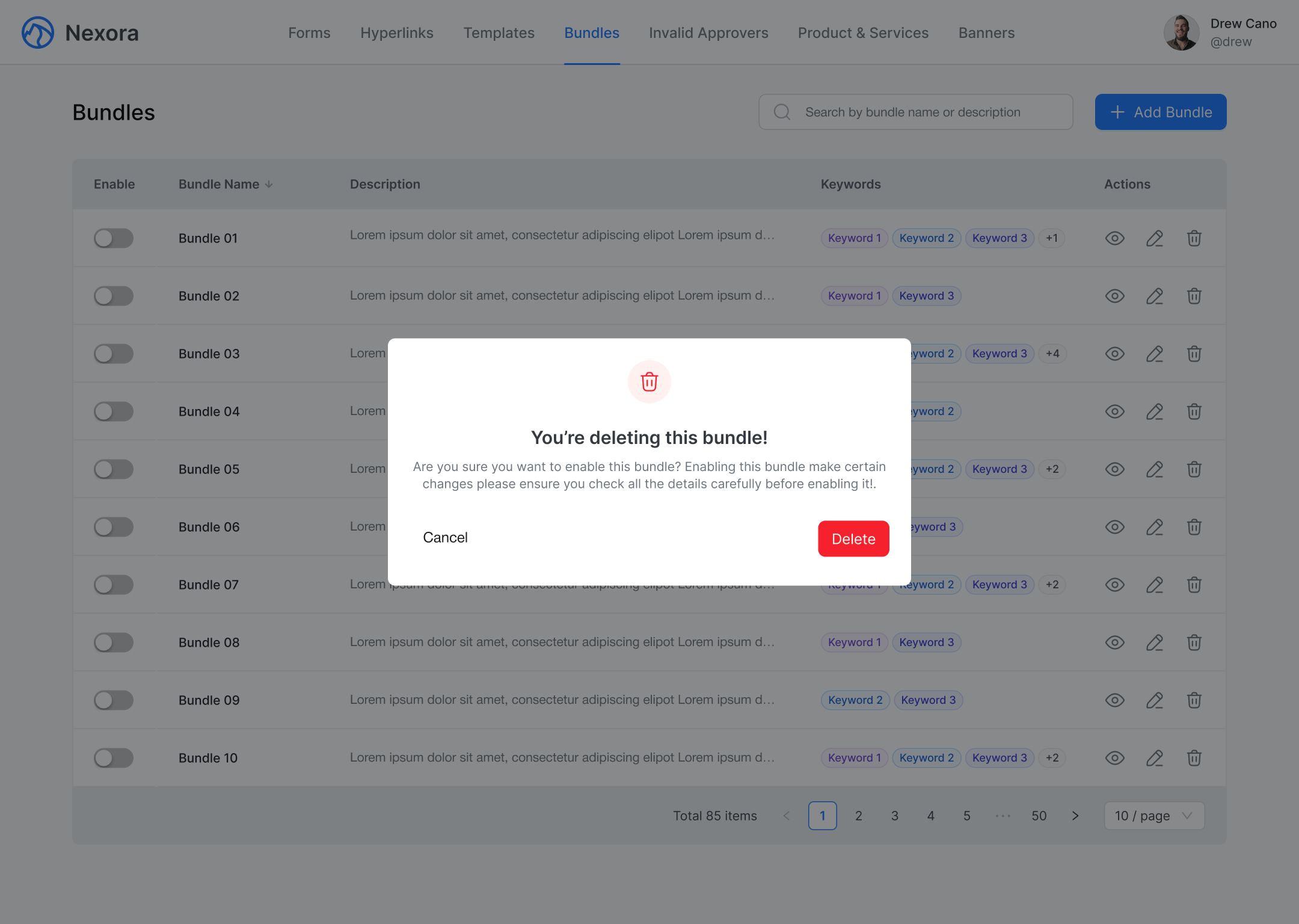 Nexora Delete Bundles UI