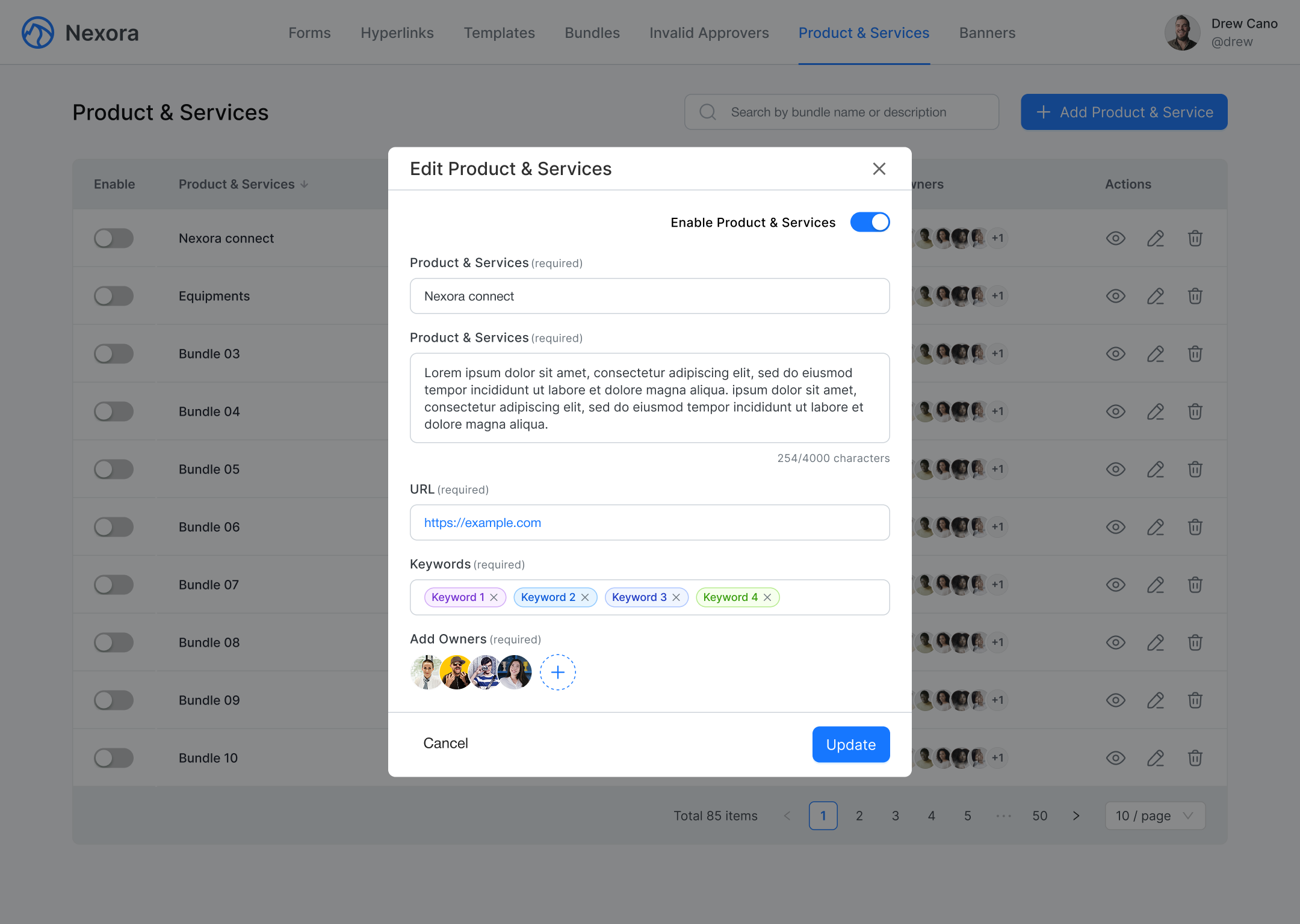 Nexora Edit Product & Services UI