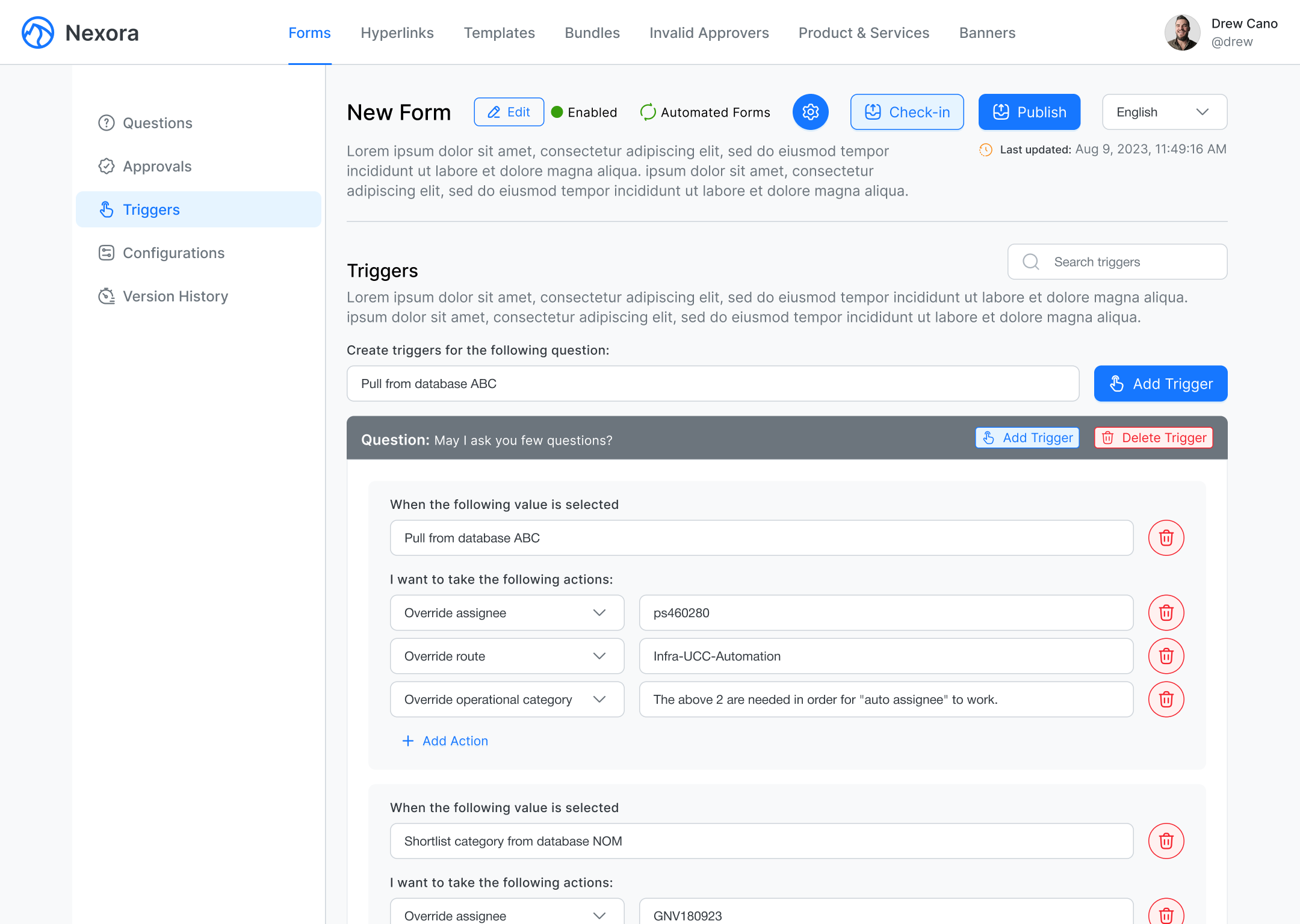 Nexora Forms Triggers UI
